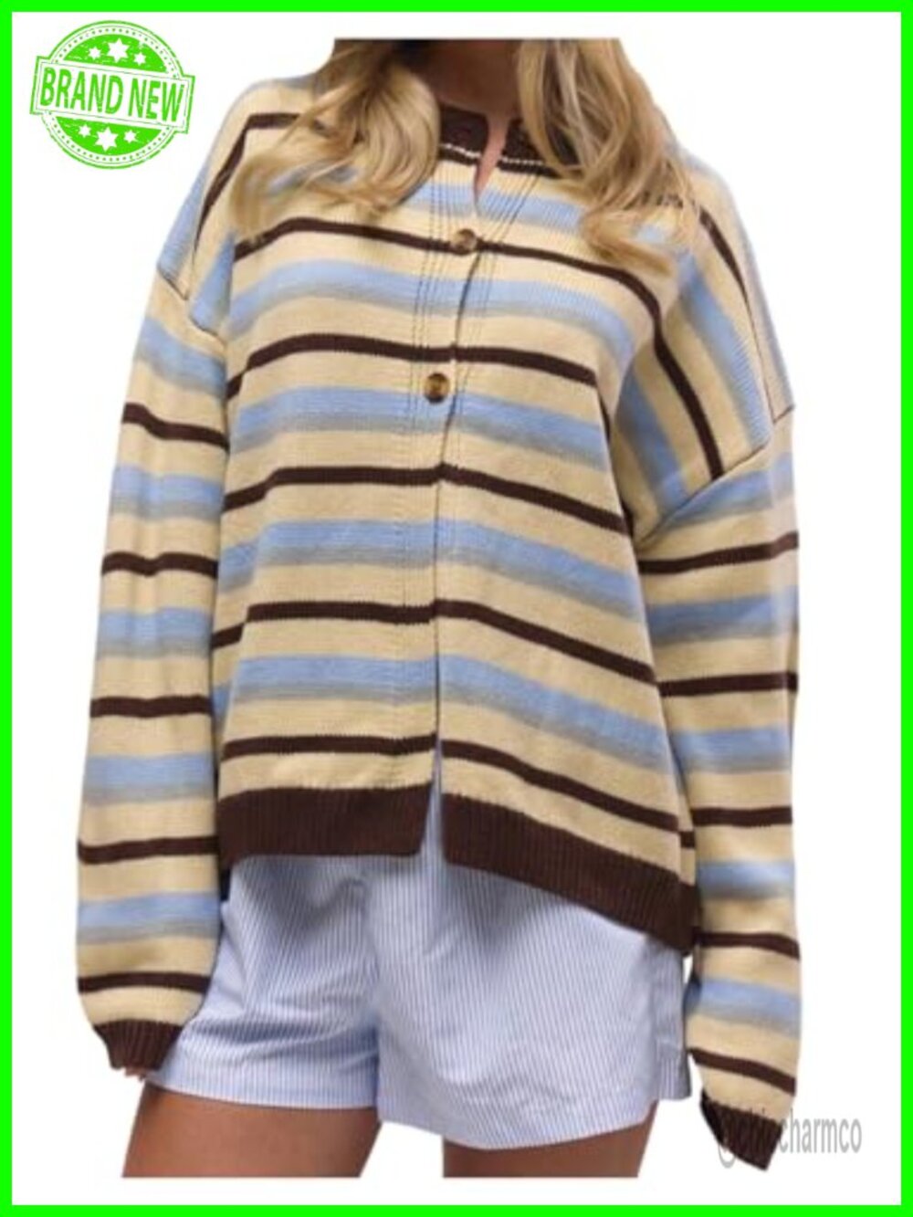 Oversized Striped Cardigan Button Up Long Sleeve Acrylic Sweater
